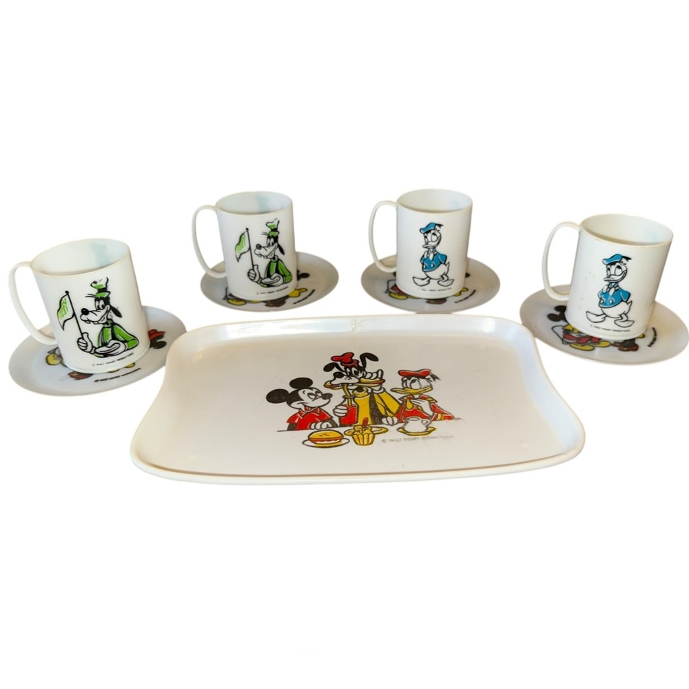 Vintage Disney Goofy Donald Mickey Minnie Kids Tea Set Tray Cups Plates